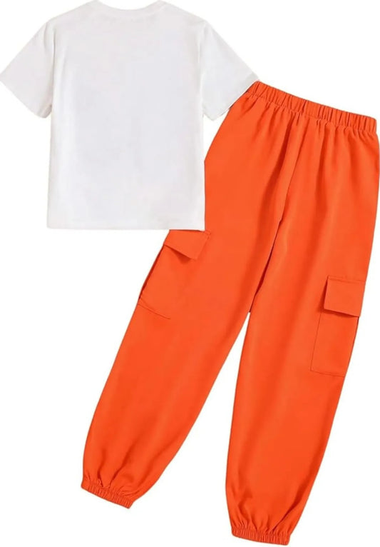 Orange Modern Fancy Girls T-shirt & Pant Set