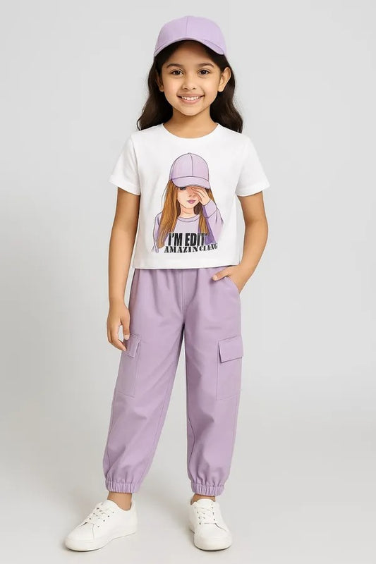 Lavender Modern Fancy Girls T-shirt & Pant Set