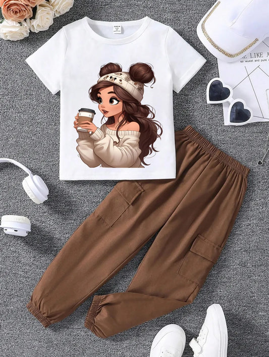 Brown Modern Fancy Girlss T-shirt & Pant Set