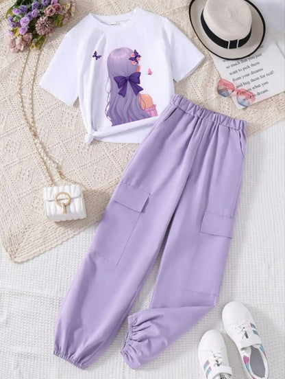 Lavender Modern Fancy Girls T-shirt & Pant Set