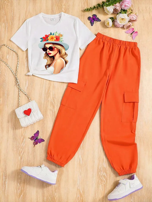 Orange Modern Fancy Girls T-shirt & Pant Set