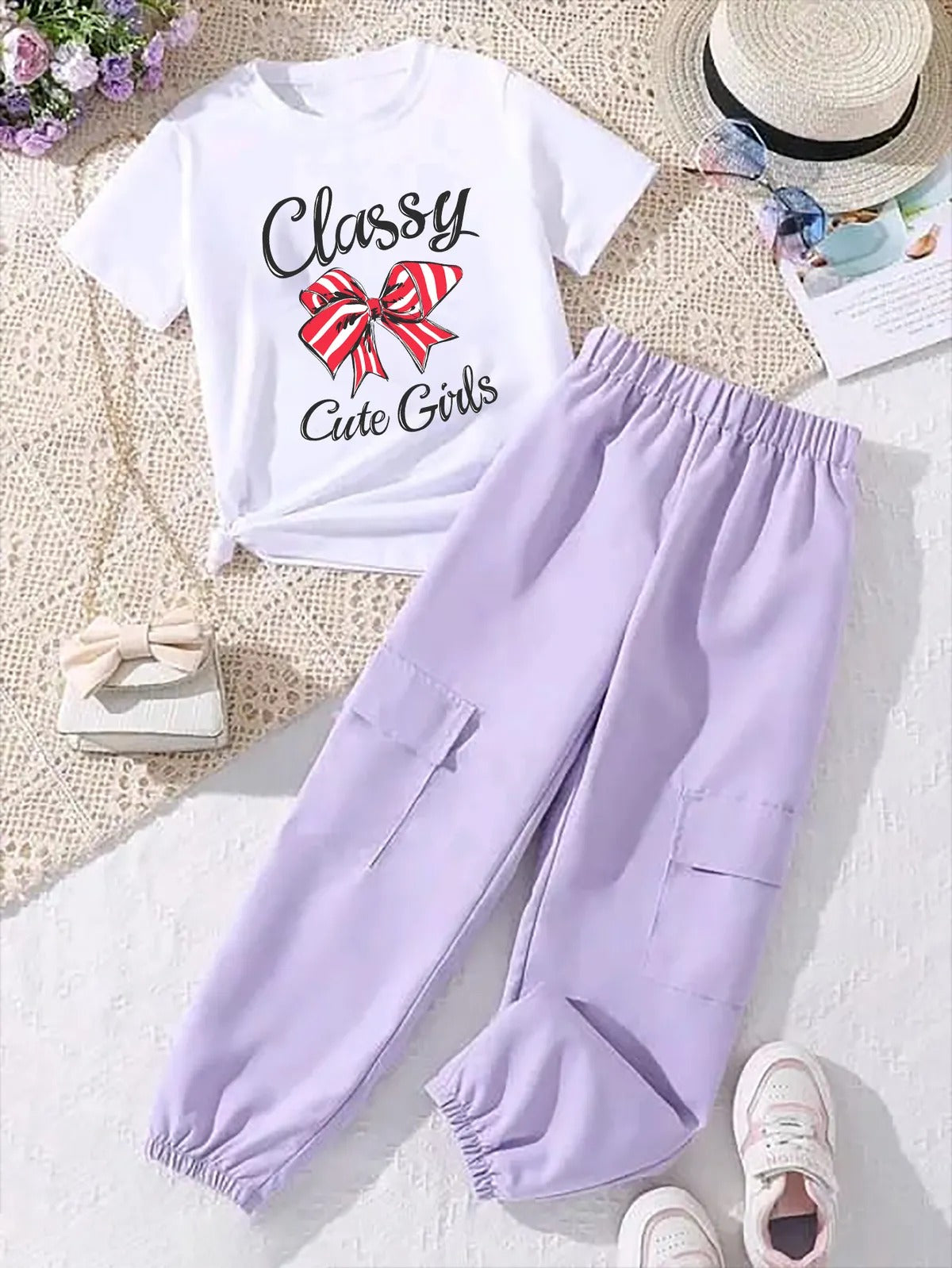 Lavender Modern Fancy Girls T-shirt & Pant Set