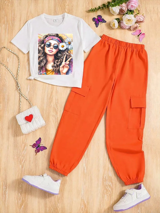 Orange Modern Fancy Girls T-shirt & Pant Set